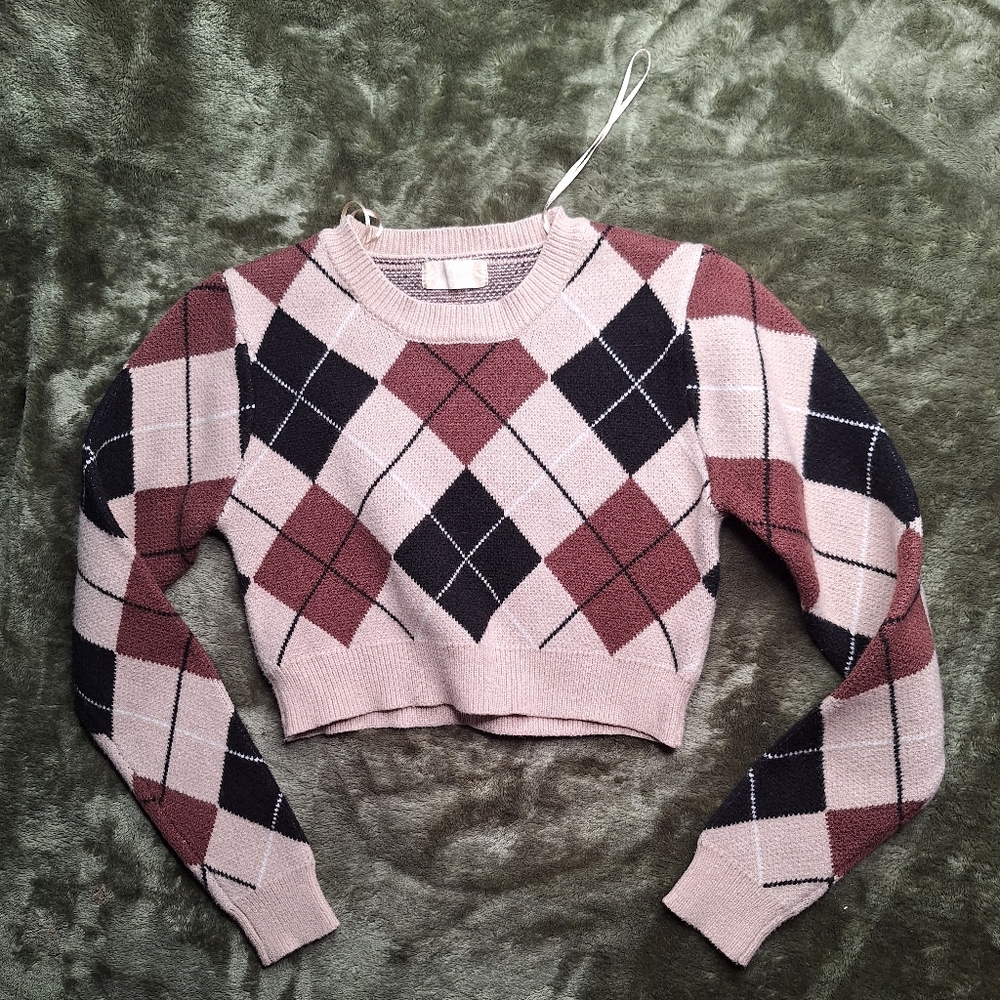 Used ALTAR'D STATE Argyle Cropped Sweater‎ - Pink/Burgundy/Black